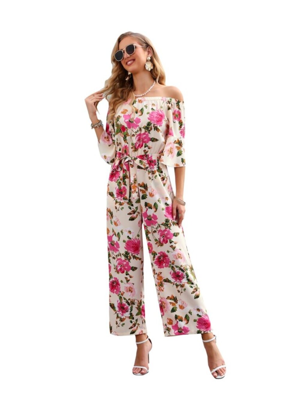 Jumpsuits for Women Dressy Casual – Floral Spring Off Shoulder Wide Leg One